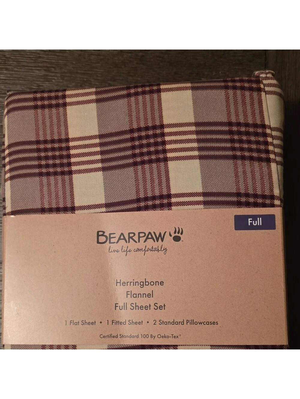 BEARPAW Herringbone Flannel Full Sheet Set Plaid Beige/Burgundy OEKO-TEX [COPY]